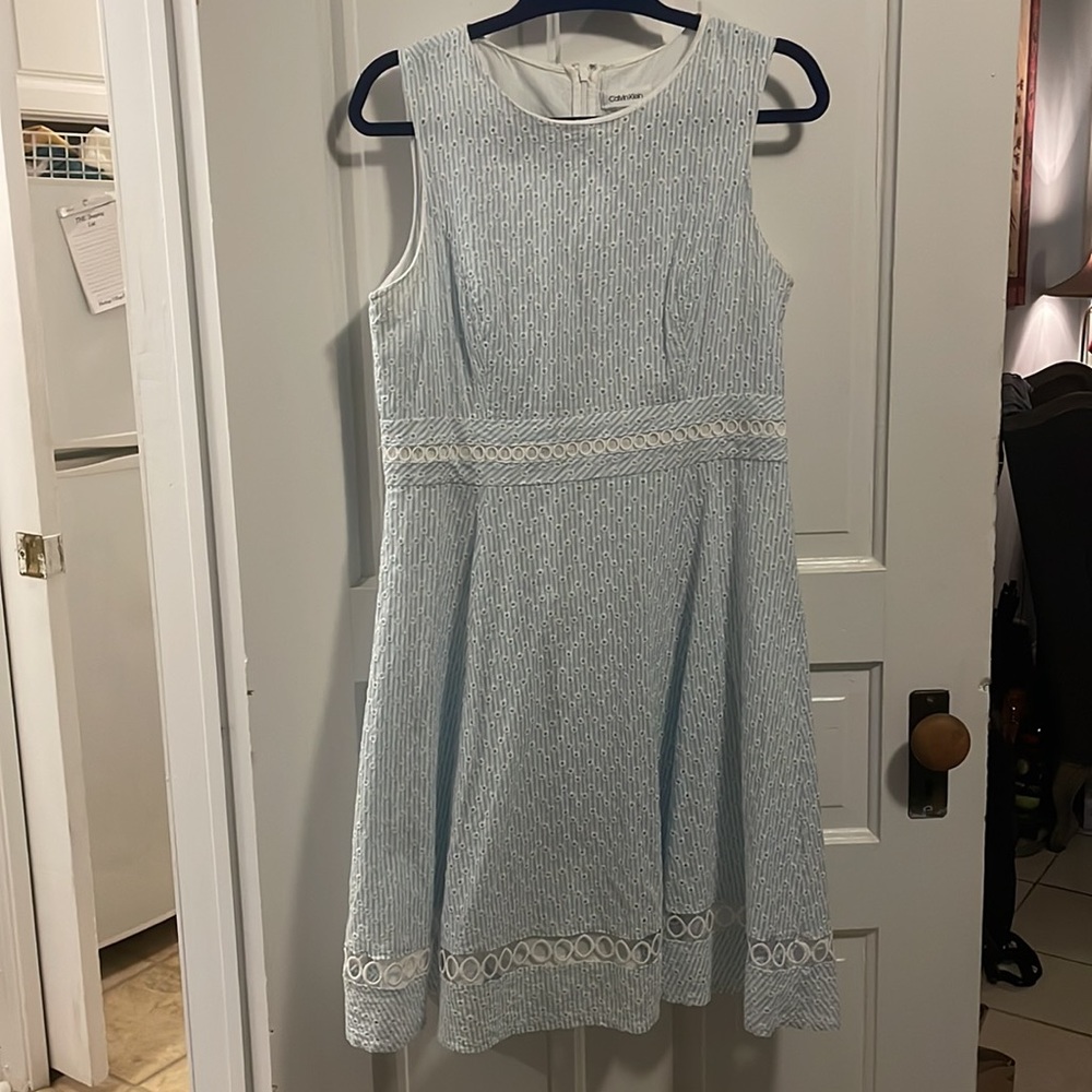 Calvin Klein seersucker blue and white eyelet dress